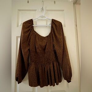 SHEIN Curve Leopard Print Lantern Sleeve Shirred Peplum Blouse